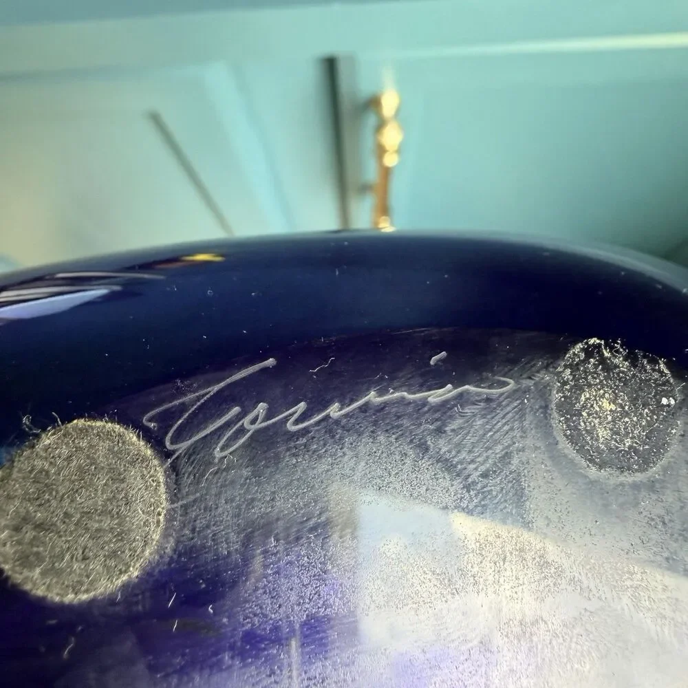 Steven Correia Signed Cobalt Iridescent Pulled Feather Art Glass Flask Vase 8.5